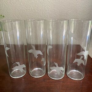 Set of 4, Vintage, Libby, Etched Ducks in Flight Tall Drinking Glasses